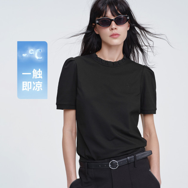 11995954.【凉感透气】意大利小帆船 春夏净色泡泡袖女士短袖花边圆领T恤