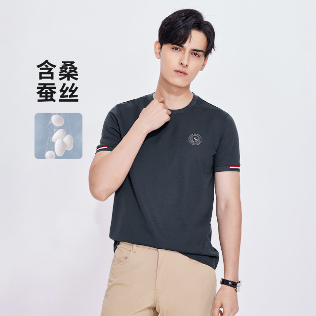 11996671.【含桑蚕丝】意大利小帆船 春夏弹力透气圆领短袖男士T恤
