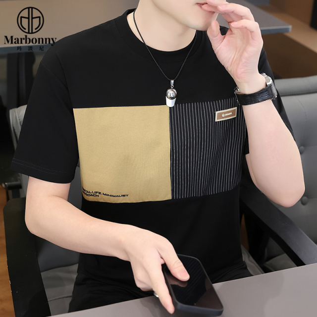 11985995.拼接短袖夏装上衣服男士纯棉t恤2026新款男装潮流半袖