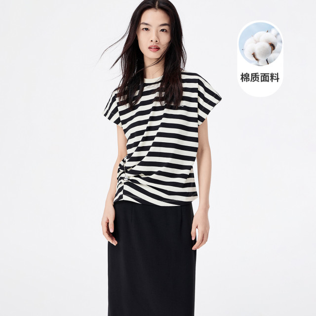 11994001.意大利小帆船 春夏时尚小飞袖条纹棉混纺女士宽松短袖圆领t恤