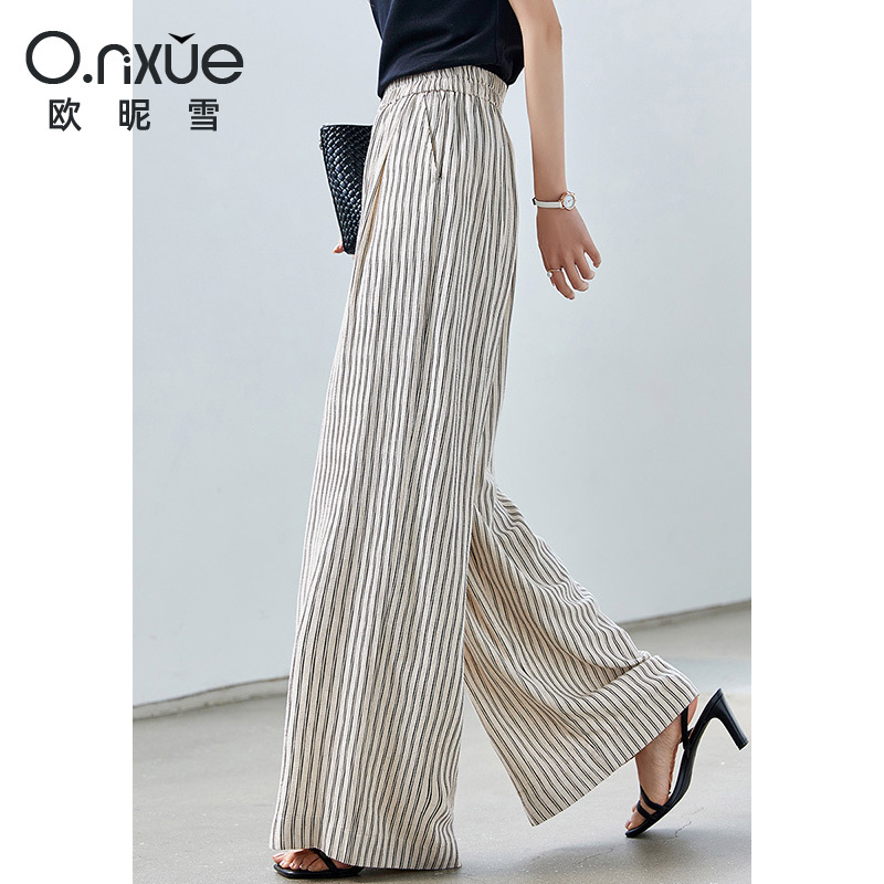 11999800.欧昵雪【慵懒风经典宽松休闲裤】时尚潮流洒脱高腰直筒条纹阔腿裤女