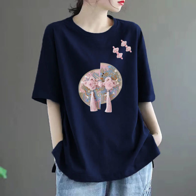 13460788.初云紫衣夏装 女短袖T恤国风宽松显瘦时尚休闲半袖印花上衣3688