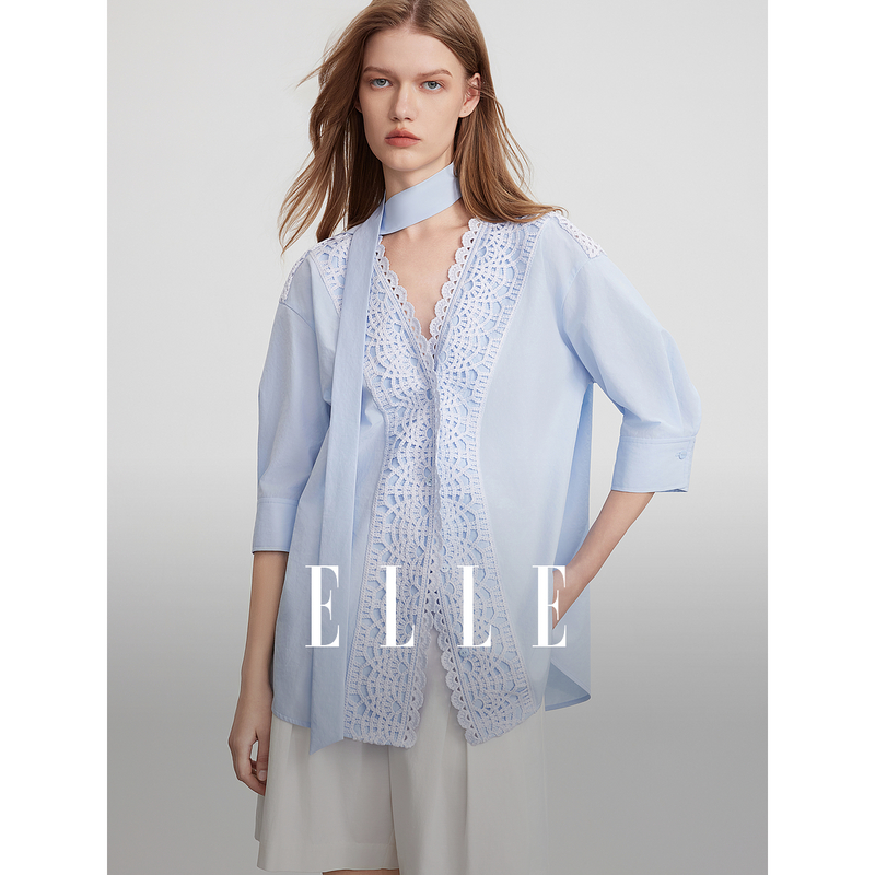 12034259.ELLE【梁洁同款】镂空衬衫2025年夏季新款优雅气质刺绣蕾丝白衬衣