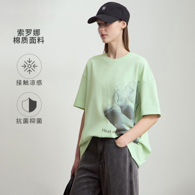 12114710.2025夏款凉感抗菌圆领玫瑰印花落肩短袖T恤女超宽松上衣