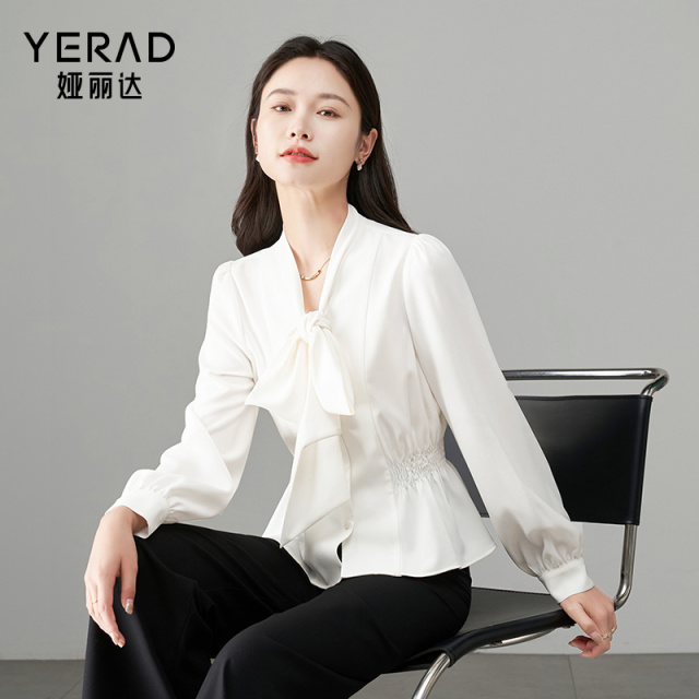 12054640.【娅丽达】优雅时尚系带领长袖衬衫女收腰百搭显瘦衬衣女上衣