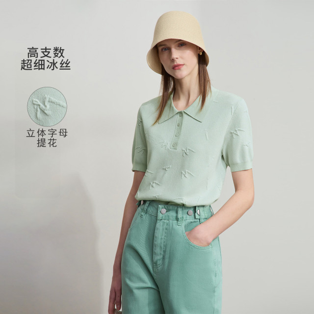 12114488.新款极简纯色短袖POLO领字母提花弹力毛针织衫女上衣