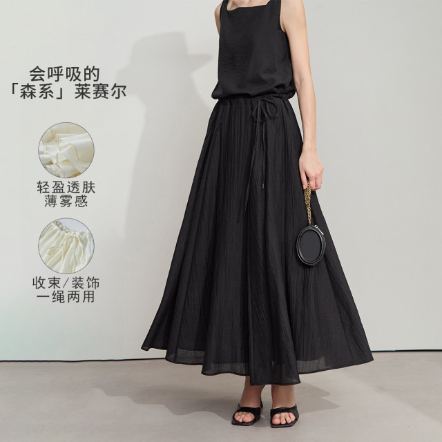 12114665.2025夏款纯色通勤宽松长款大A裙橡筋腰抽绳莱赛尔半身裙