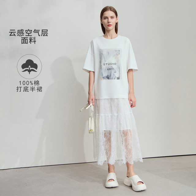 12114481.【简法假日系列】2025夏款配半身裙内搭拼蕾丝印花空气层T恤裙连衣裙女裙子