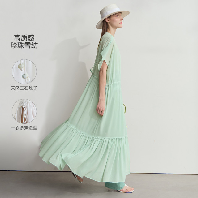 12114702.2025夏新款仙气浪漫抽绳绑带荷叶摆长款雪纺衫女一衣多穿上衣