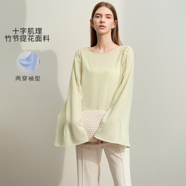 12114529.新款通勤法式风优雅一字领两穿喇叭袖雪纺衫女垂感上衣