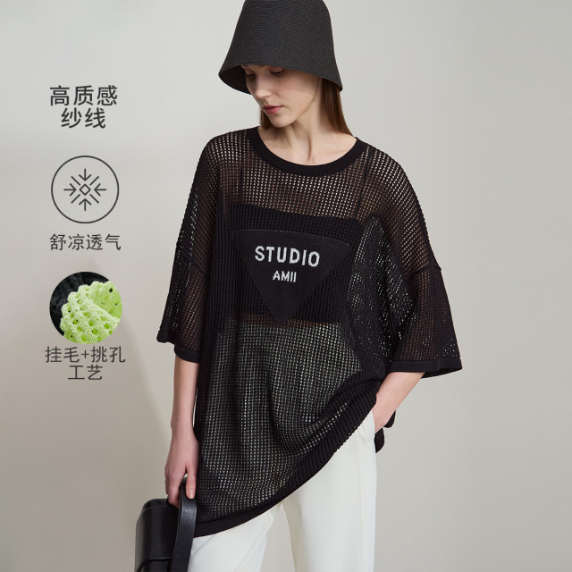 12114667.2025夏款休闲中长宽松弹力薄款透肤字母提花罩衫毛针织衫女