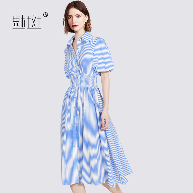 12056274.魅斑条纹花苞袖连衣裙单排扣衬衫裙