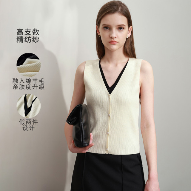 12114473.新款极简知性V领撞色假两件直筒无袖背心马夹女上衣