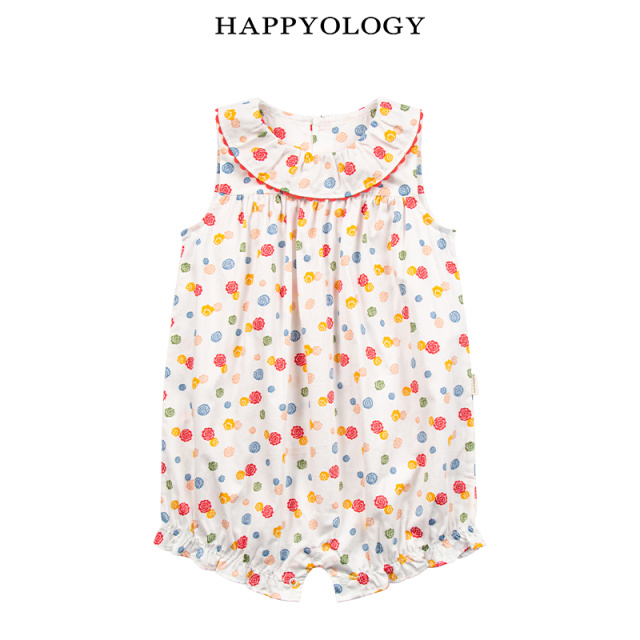 12052542.happyology英国宝宝夏款无袖印花连体衣婴幼儿纯棉撞色波浪边哈衣