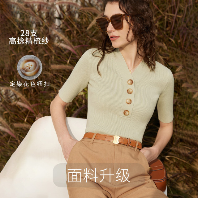 12114523.新款通勤V领排扣毛针织衫女修身莫兰迪色系中袖时尚上衣