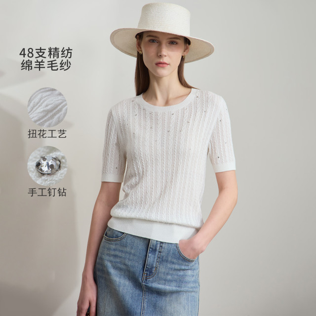 12114694.2025夏款休闲圆领手工钉钻毛针织衫女短袖宽松上衣