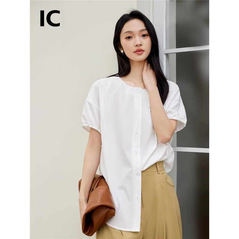 12056379.白色法式设计感短袖衬衫2025夏季新款女休闲通勤宽松短袖上衣
