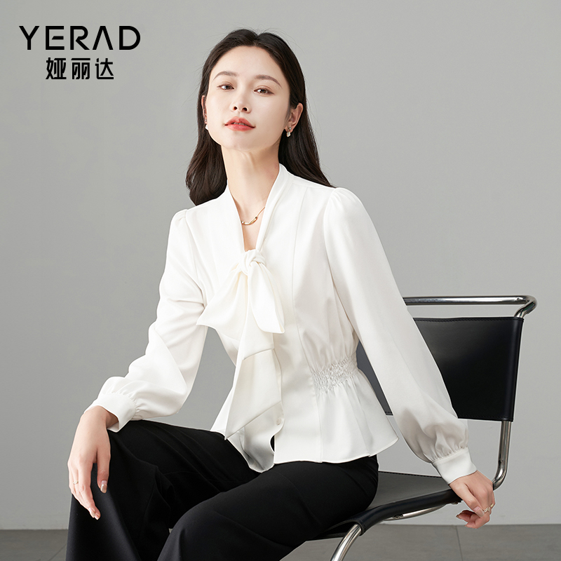 12054640.【娅丽达】优雅时尚系带领长袖衬衫女收腰百搭显瘦衬衣女上衣
