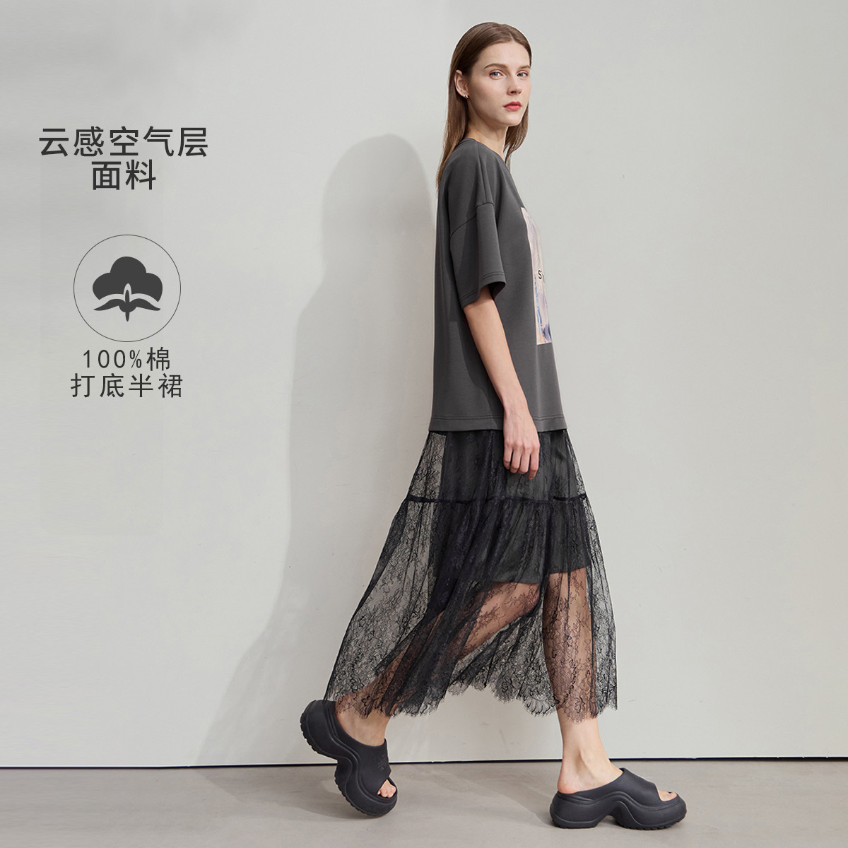 12114481.【简法假日系列】2025夏款配半身裙内搭拼蕾丝印花空气层T恤裙连衣裙女裙子