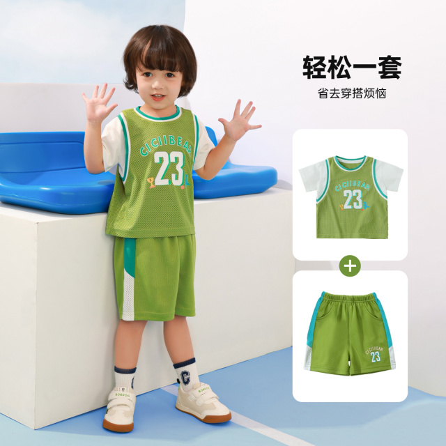 12067553.速干排汗齐齐熊男童夏装套装宝宝运动篮球服儿童短袖两件套薄夏季