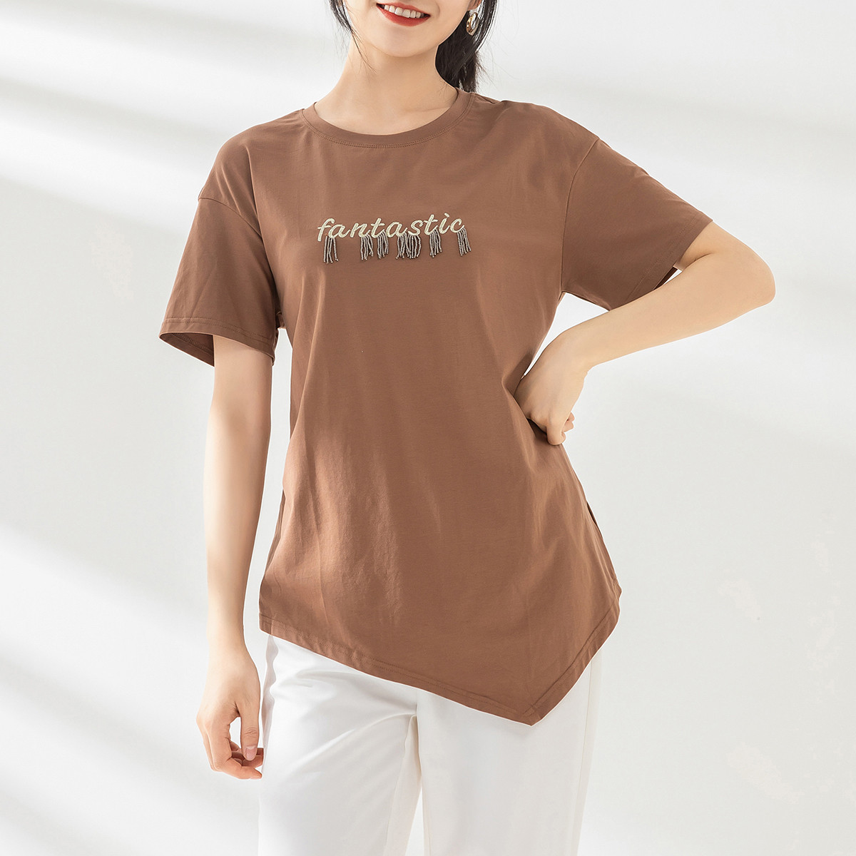 12193259.【清仓特卖】【字母刺绣流苏】休闲短袖女夏中长款收腰系带不规则T恤