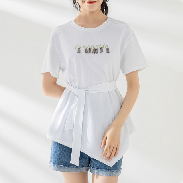 12193259.【清仓特卖】【字母刺绣流苏】休闲短袖女夏中长款收腰系带不规则T恤