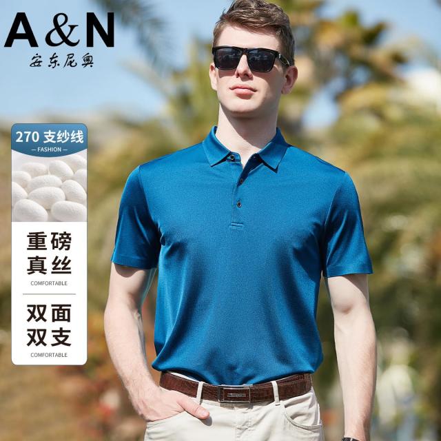 12079704.【100%桑蚕丝】重磅真丝Polo衫男式短袖夏季商务T恤上衣