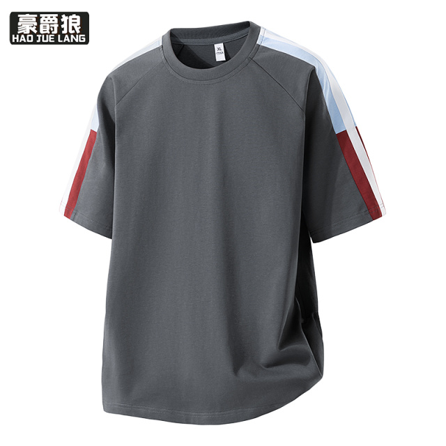 12079034.美式拼接撞色短袖T恤男夏季新款潮牌宽松百搭半袖