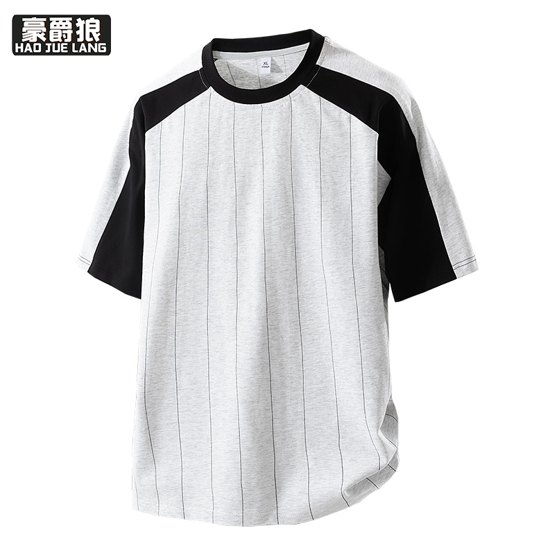 12079051.新款美式潮牌条纹拼接男款短袖夏季重磅t恤少年感穿搭插肩袖