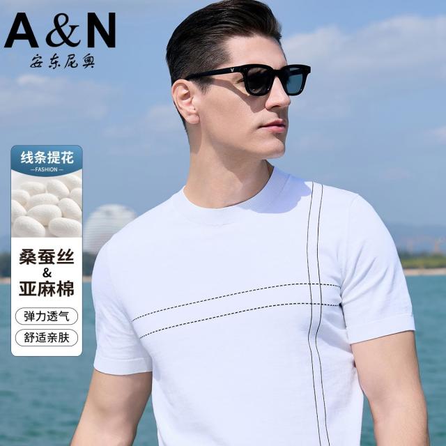 12079710.【桑蚕丝&亚麻&棉】自然纤维针织短袖T恤男圆领薄款半袖打底衫