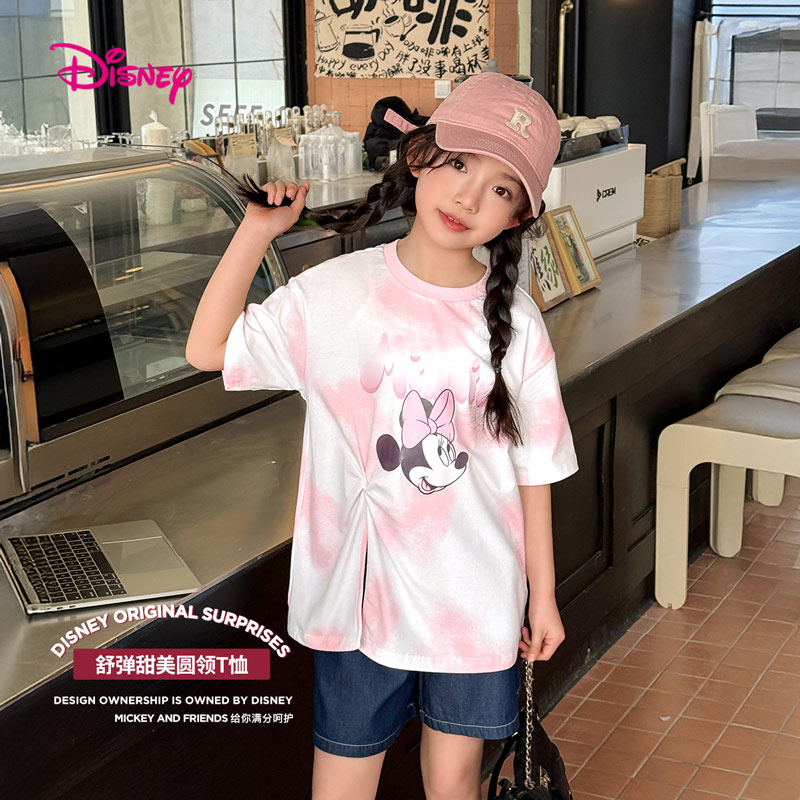 12079397.【舒弹甜美】迪士尼女童短袖T恤圆领下摆开叉上衣(N甜美晕染)