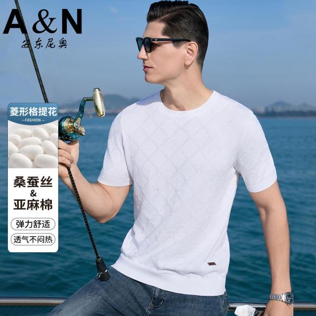 12079706.【自然纤维三合一】桑蚕丝亚麻棉针织短袖T恤男菱形格半袖打底衫