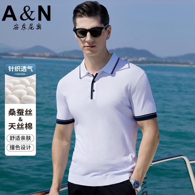 12079730.【含桑蚕丝&天丝棉】夏季短袖针织透气撞色设计男式Polo衫