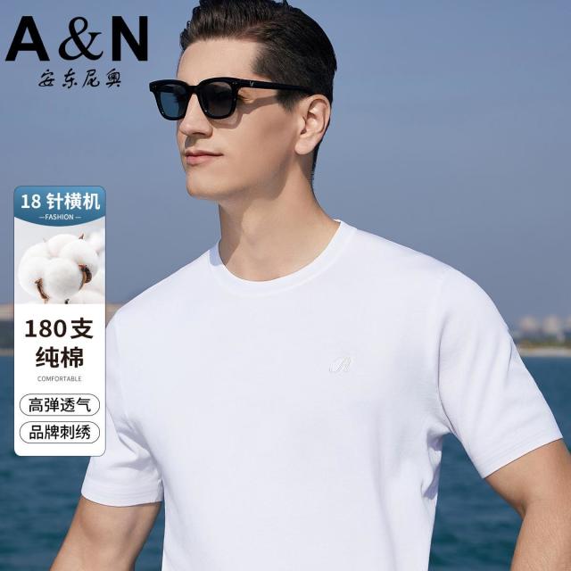 12079721.【双面180支全棉】刺绣针织圆领短袖T恤男轻奢纯色半袖打底衫