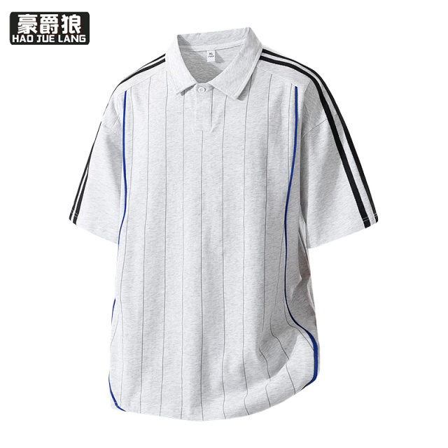 12079052.翻领短袖t恤男式夏季新款半袖POLO衫男宽松薄款港风条纹体恤