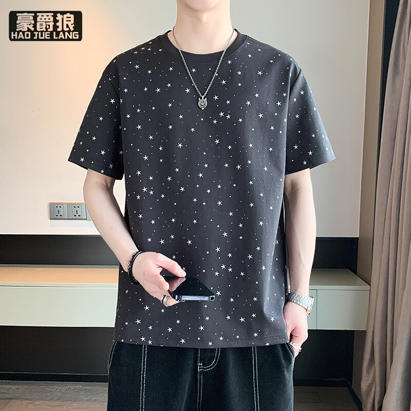 12078976.潮流印花青少年短袖t恤男士潮流帅气新款夏季冰丝半袖圆领体恤衫
