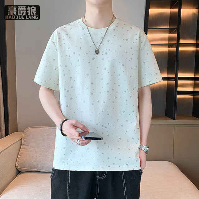 12078976.潮流印花青少年短袖t恤男士潮流帅气新款夏季冰丝半袖圆领体恤衫