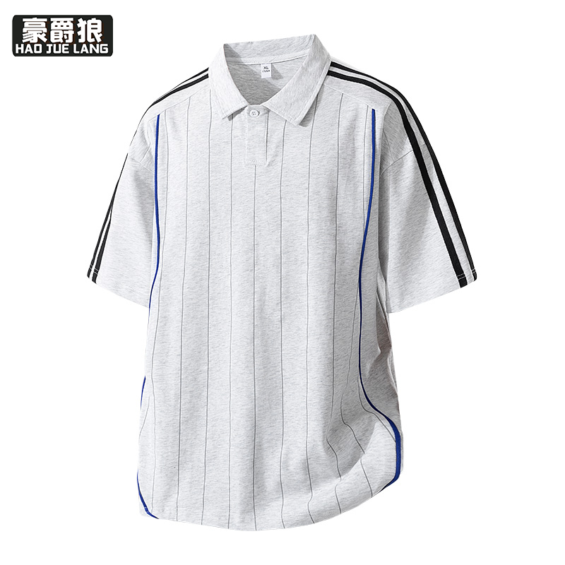 12079052.翻领短袖t恤男式夏季新款半袖POLO衫男宽松薄款港风条纹体恤
