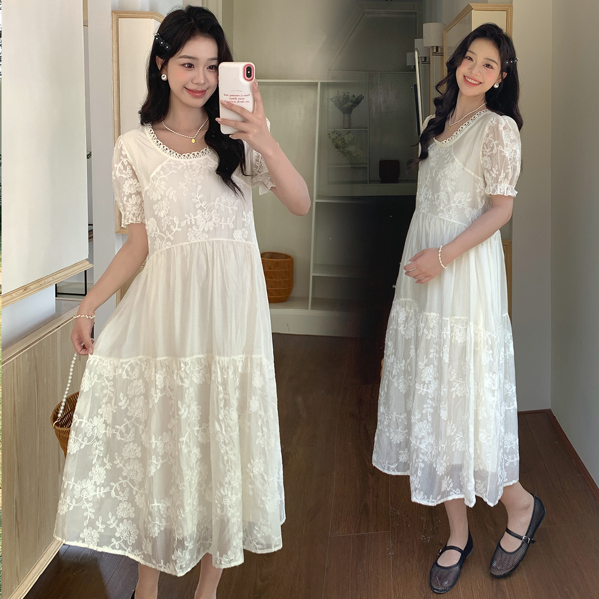 12082832.兔妈孕妇装刺绣连衣裙夏季新款大码孕妇裙宽松高级感连衣裙外出休闲裙