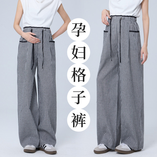 12082747.兔妈孕妇裤夏季新款格子高腰直筒裤休闲大码孕妇装外穿阔腿裤上班族裤