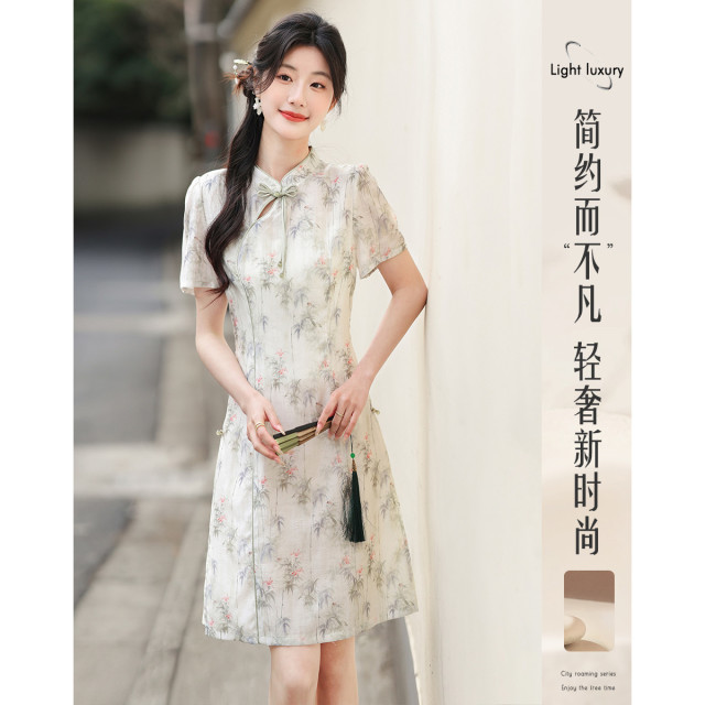 12122619.新中式改良旗袍气质连衣裙女修身显瘦短裙