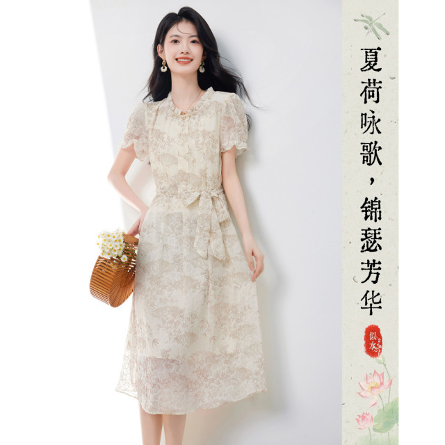 12122671.法式水墨印花雪纺连衣裙女时尚泡泡袖