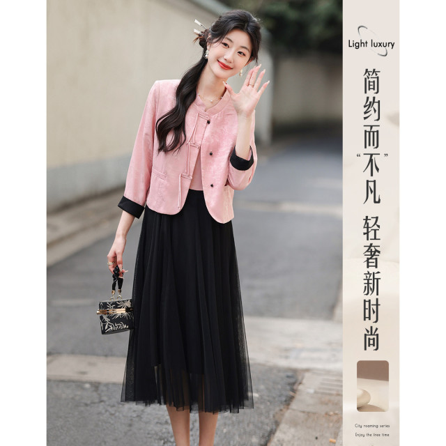 12115584.新中式国风两件套女立领盘扣外套网纱连衣裙套装