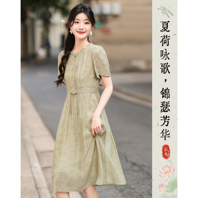 12122611.洋气简约收腰显瘦系带印花连衣裙女