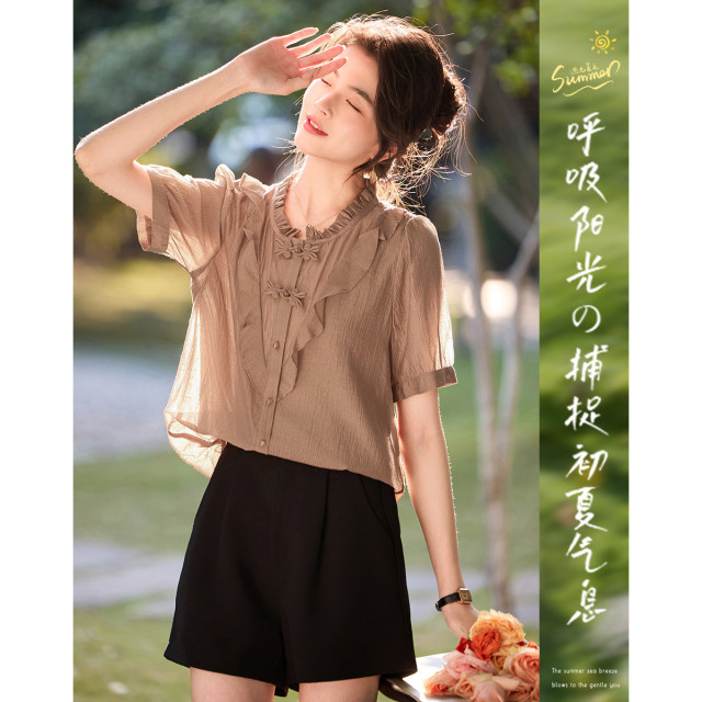 12114389.新中式短袖宽松衬衫女气质荷叶边显瘦上衣