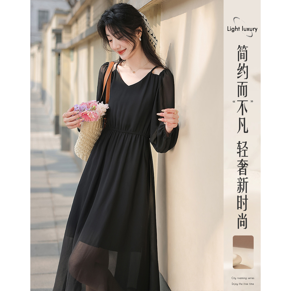 12115200.时尚显瘦蕾丝名媛风小黑裙露肩设计松紧腰纯色长袖连衣裙