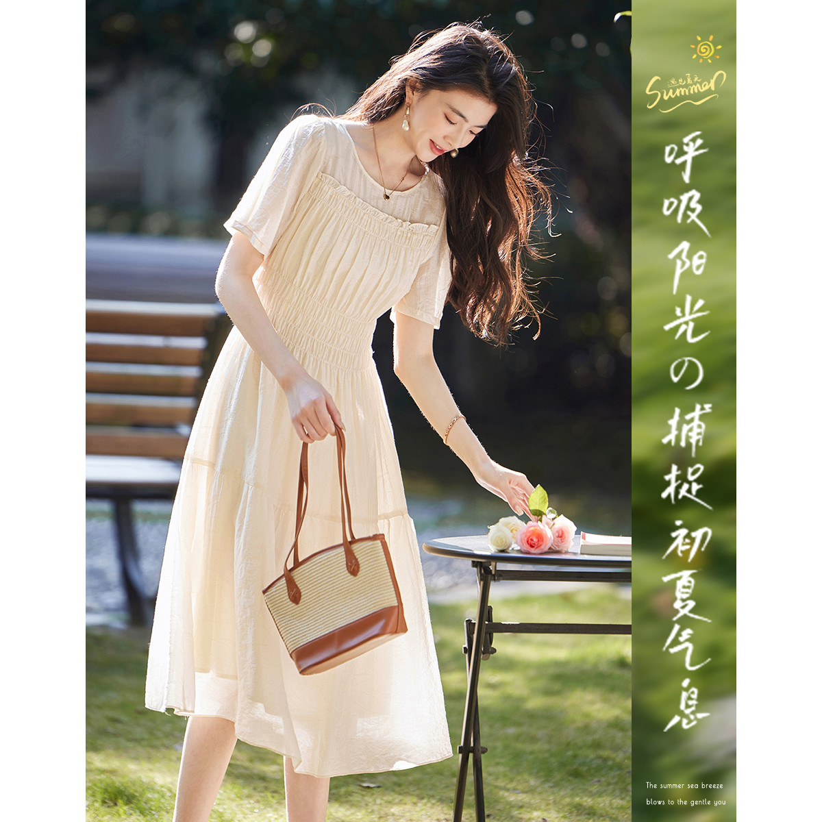 12114279.莱赛尔天丝泡泡袖收腰显瘦中长款连衣裙女