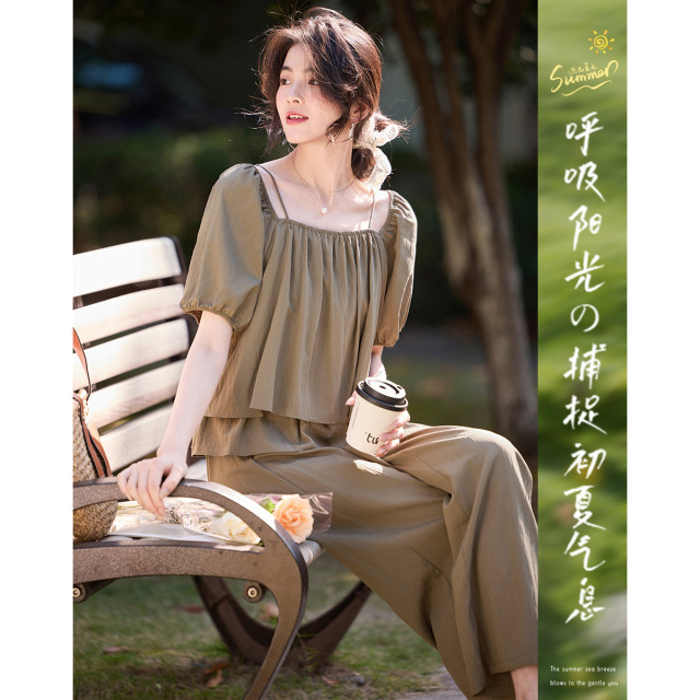 12105360.短袖衬衫高腰阔腿裤套装女方领洋气减龄两件套