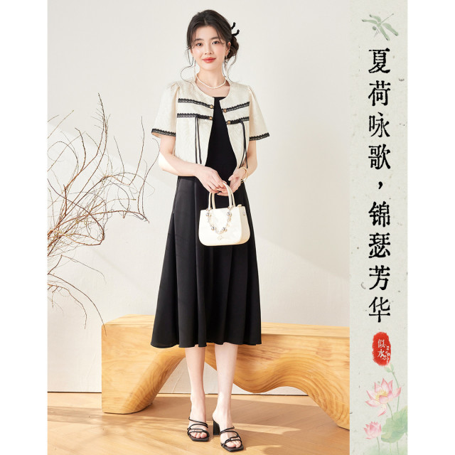 12106152.新中式国风套装女水墨画上衣吊带连衣裙两件套