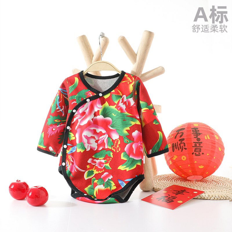 12101174.木木屋正品婴儿东北大花绒面三角哈衣宝宝7A抗菌长袖包屁衣春秋新生儿爬服家居连体衣